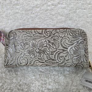 Mexican Handmade Light Beige With Metallic Finish Floral Embossed Leather Wallet